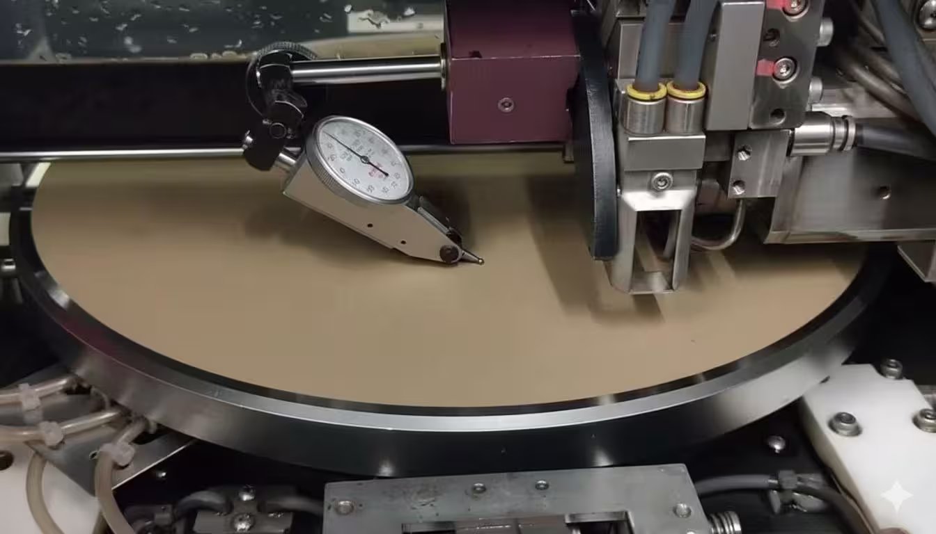 Dial gauge measuring flatness of ceramic wafer dicing chuck table surface-DSK Technologies